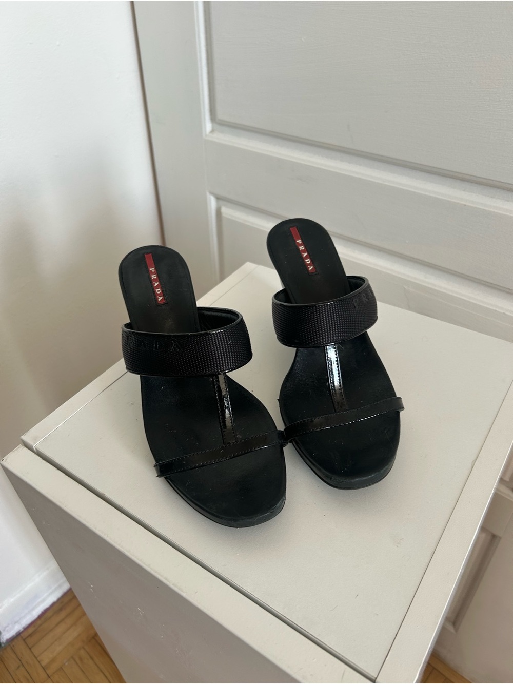 Vintage PRADA Sport Black Leather Wedge Sandals Size 37.5